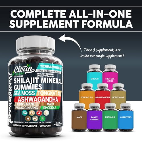 Clean Nutra Terramineral Shilajit Gummies with Irish Sea Moss Tongkat Ali Ashwagandha Lion's Mane MACA Panax Ginseng Rh