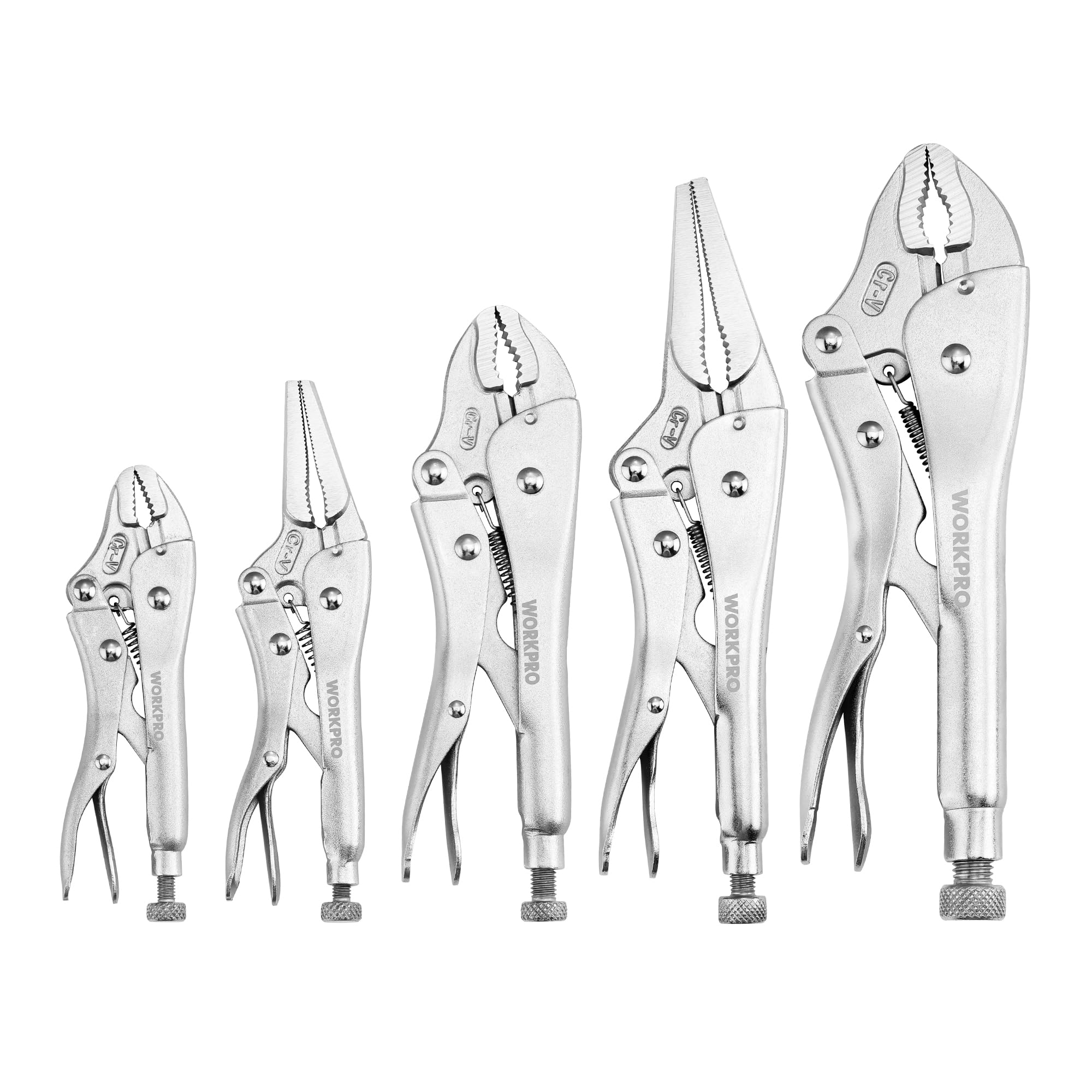 WORKPRO 5-Piece Locking Pliers Set for Mechanics, Chrome-vanadium Steel Vice Grips, Curved Jaw Pliers 5/7/10 inch, Long