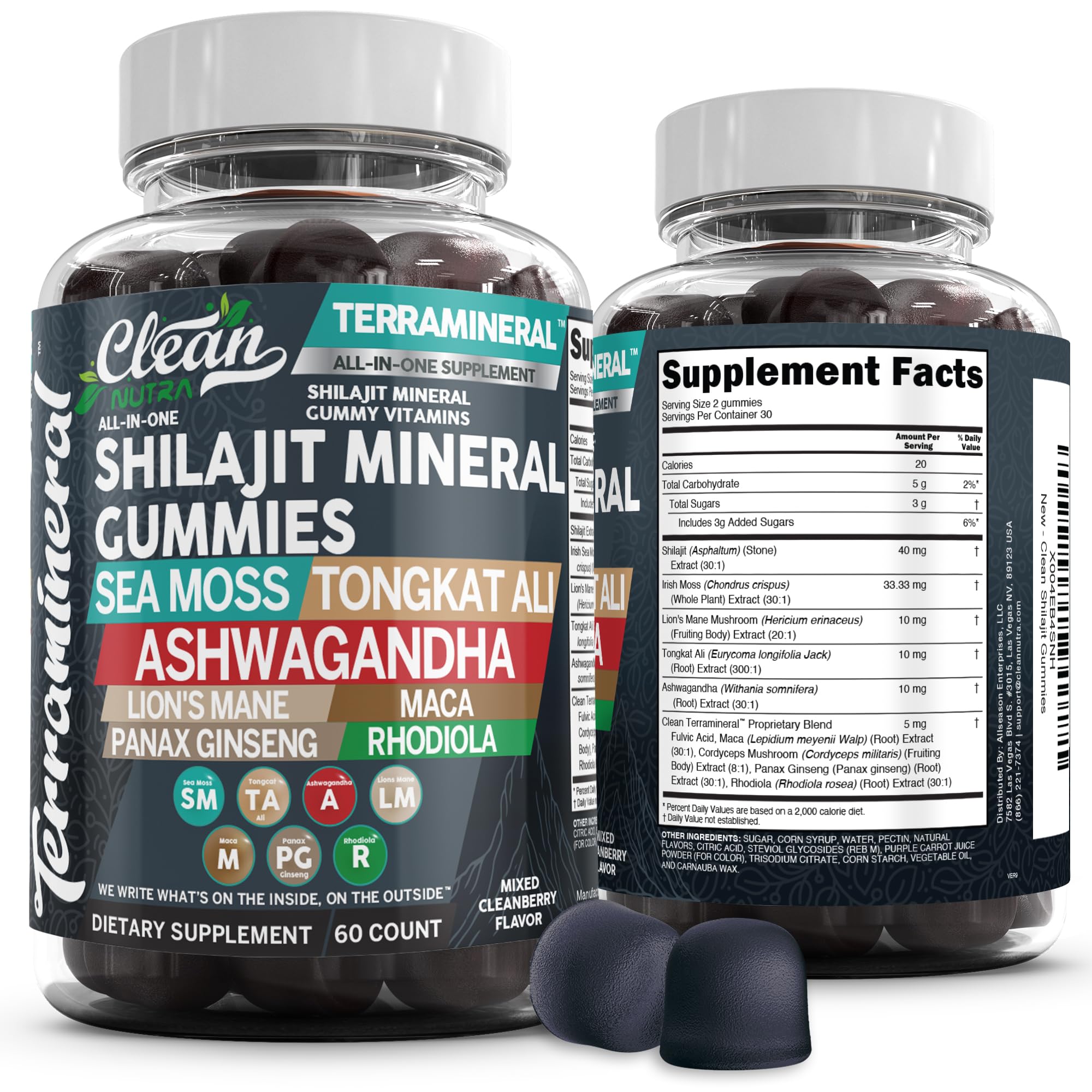 Clean Nutra Terramineral Shilajit Gummies with Irish Sea Moss Tongkat Ali Ashwagandha Lion's Mane MACA Panax Ginseng Rh